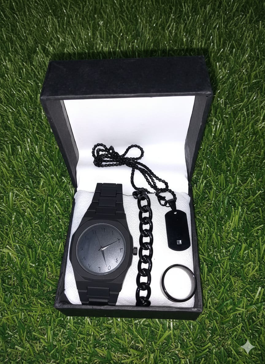 Black Aura Watch Set– Luxury Combo (Watch, Chain, Ring & Pendant)